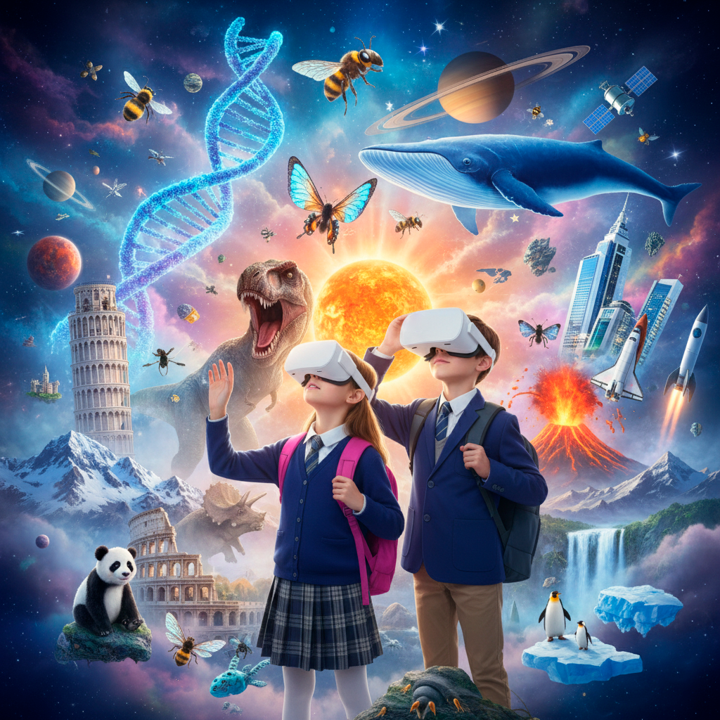 Copii cu ochelari de realitate virtuală descoperă lumea